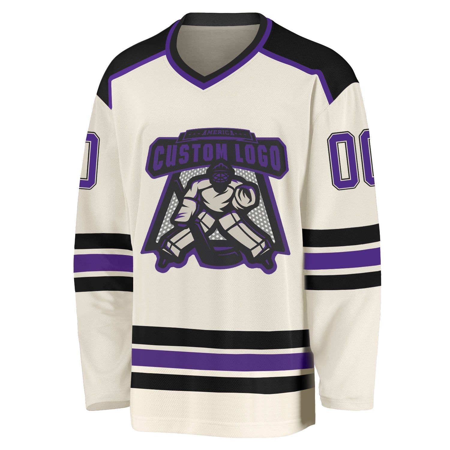 Custom Cream Purple-Black Hockey Jersey view 2