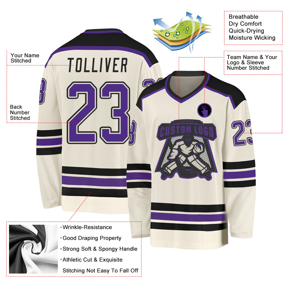 Custom Cream Purple-Black Hockey Jersey view 3