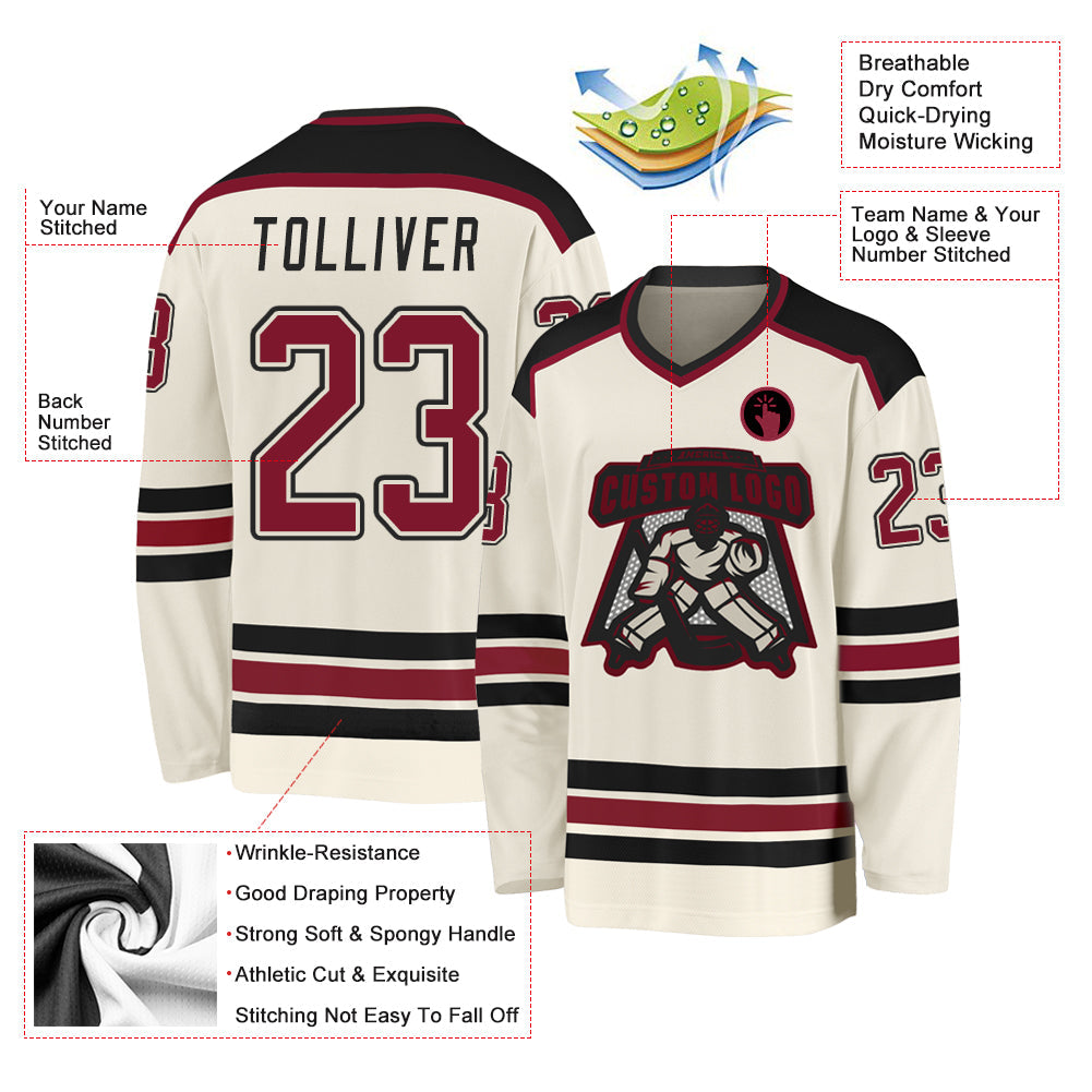 Custom Cream Crimson-Black Hockey Jersey view 3