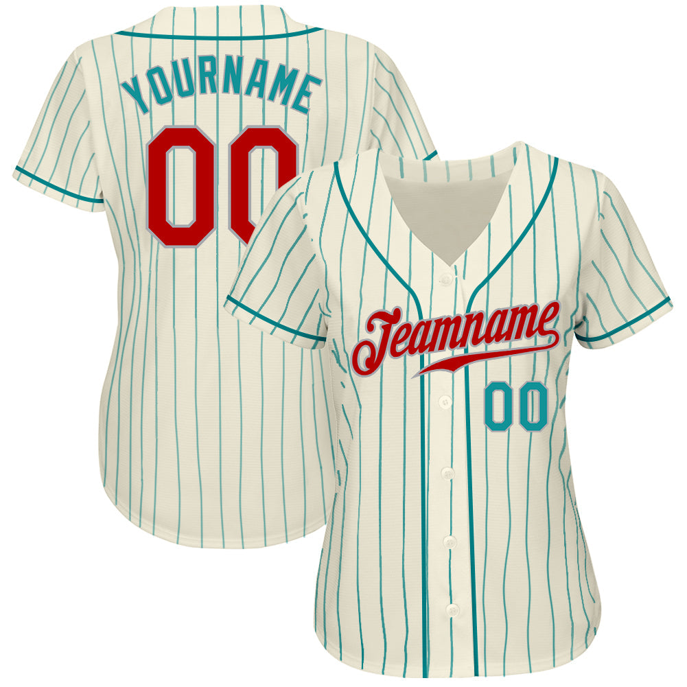 Custom Cream Teal Pinstripe Red Teal-Gray Authentic Baseball Jersey view 2