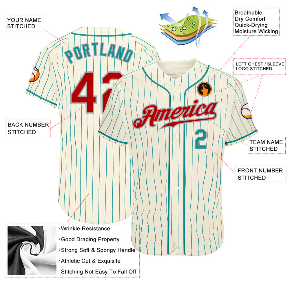 Custom Cream Teal Pinstripe Red Teal-Gray Authentic Baseball Jersey view 3