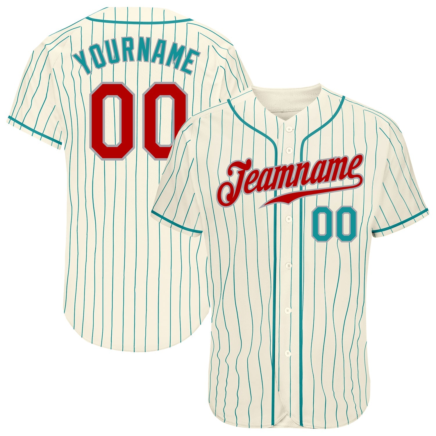 Custom Cream Teal Pinstripe Red Teal-Gray Authentic Baseball Jersey - Main View
