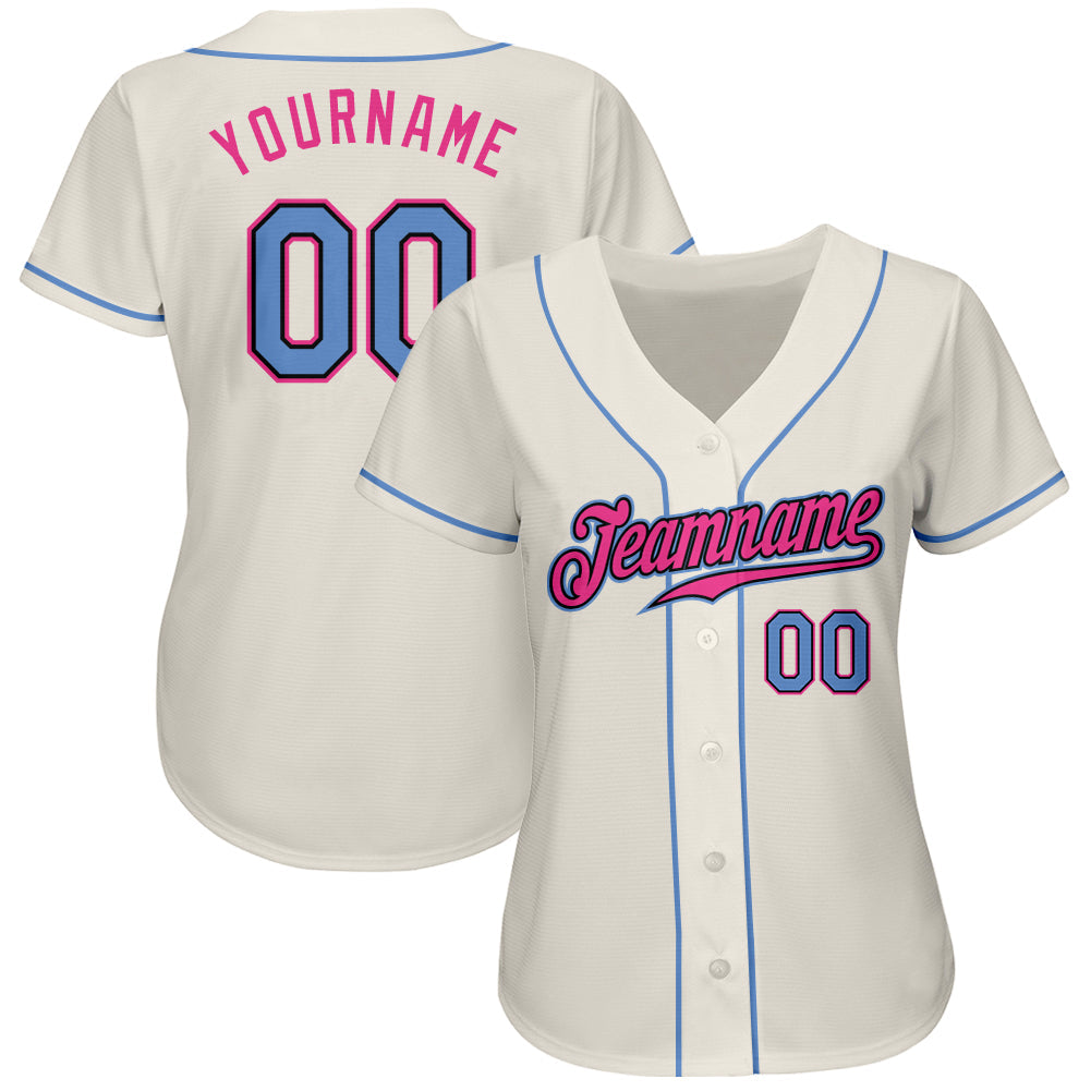 Custom Cream Light Blue Black-Pink Authentic Baseball Jersey view 2