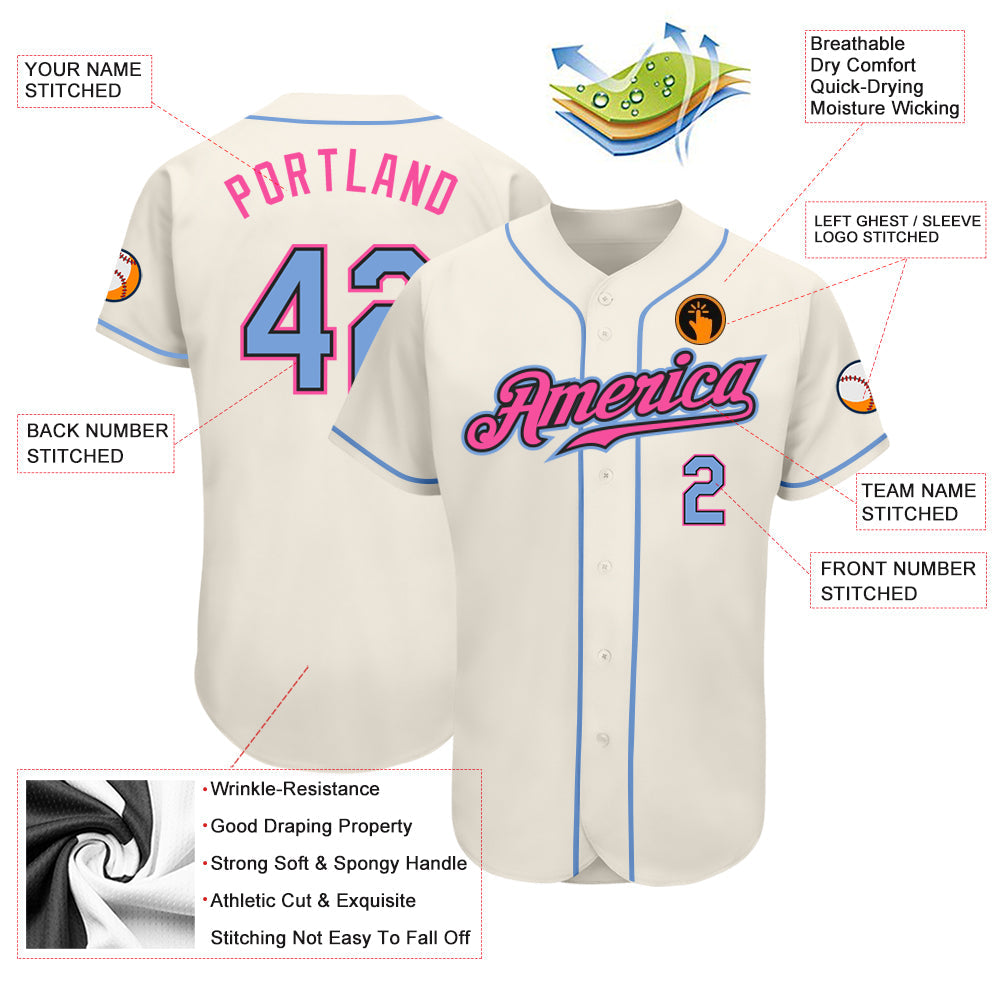 Custom Cream Light Blue Black-Pink Authentic Baseball Jersey view 3