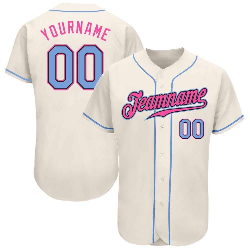 Custom Cream Light Blue Black-Pink Authentic Baseball Jersey - Main View