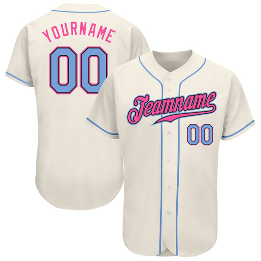 Custom Cream Light Blue Black-Pink Authentic Baseball Jersey - Main View