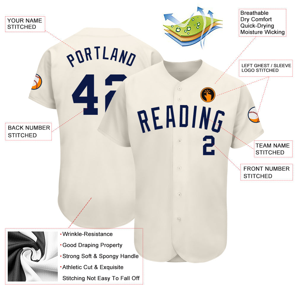 Custom Cream Navy Authentic Baseball Jersey view 3
