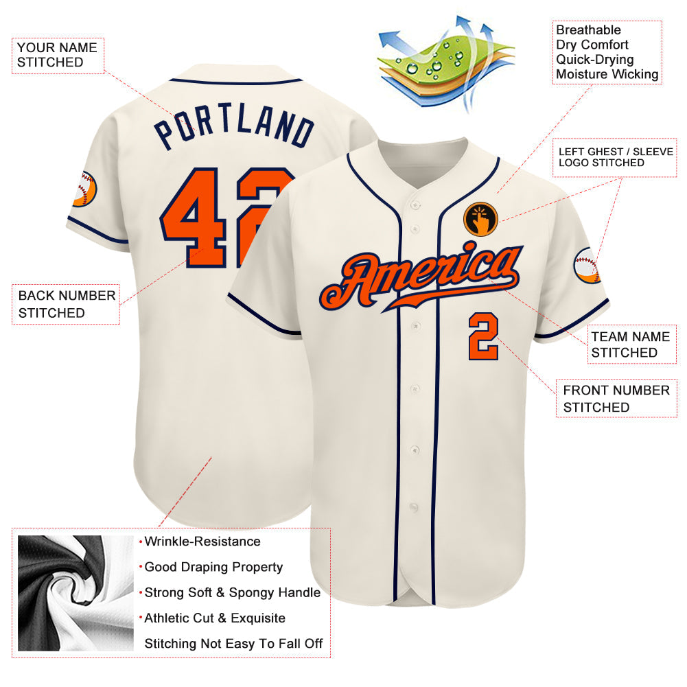 Custom Cream Orange-Navy Authentic Baseball Jersey view 3