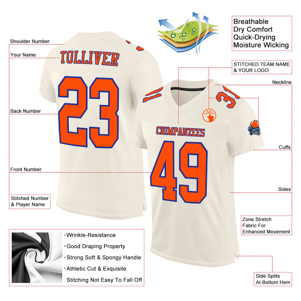 Custom Cream Orange-Royal Mesh Authentic Football Jersey view 2
