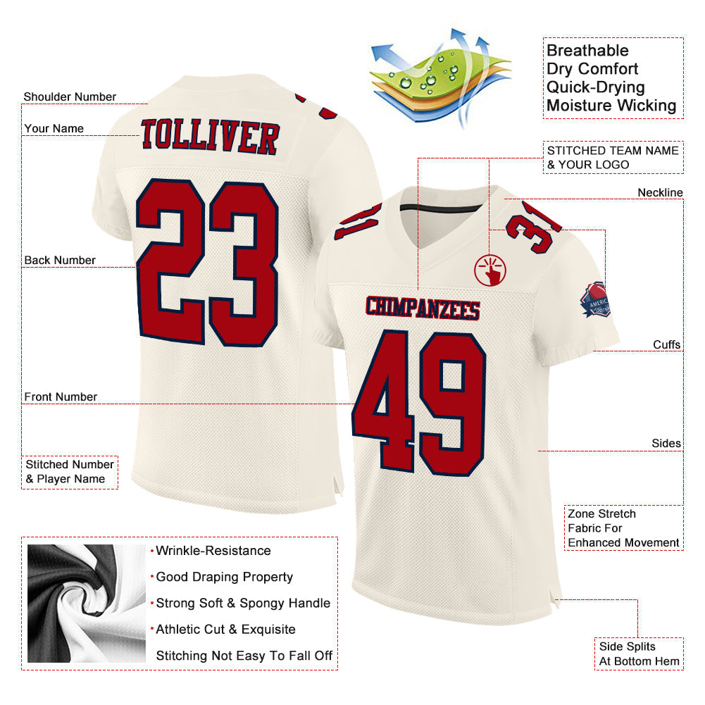 Custom Cream Red-Navy Mesh Authentic Football Jersey view 2