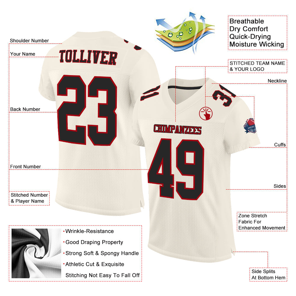 Custom Cream Black-Red Mesh Authentic Football Jersey view 2