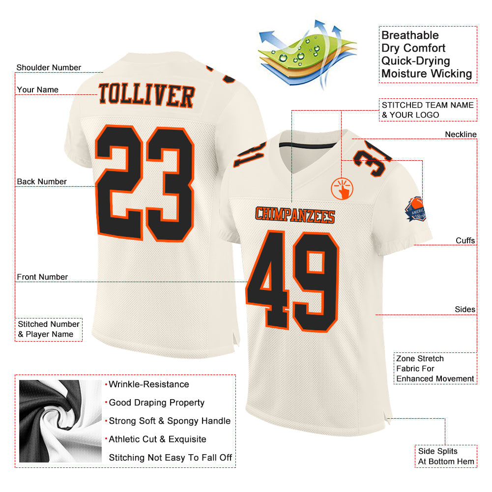 Custom Cream Black-Orange Mesh Authentic Football Jersey view 2