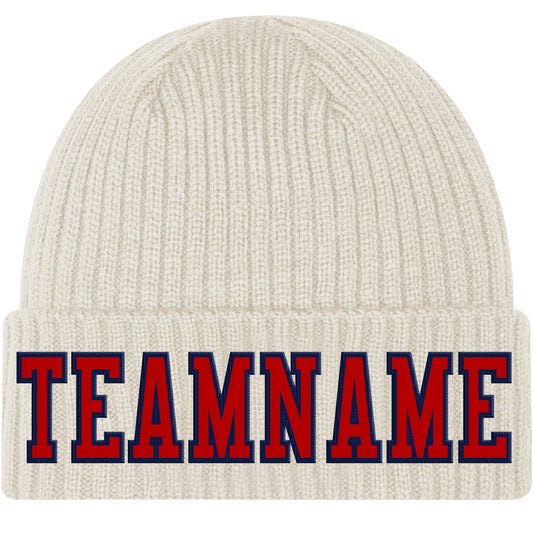 Custom Cream Red-Navy Stitched Cuffed Knit Hat - Main View