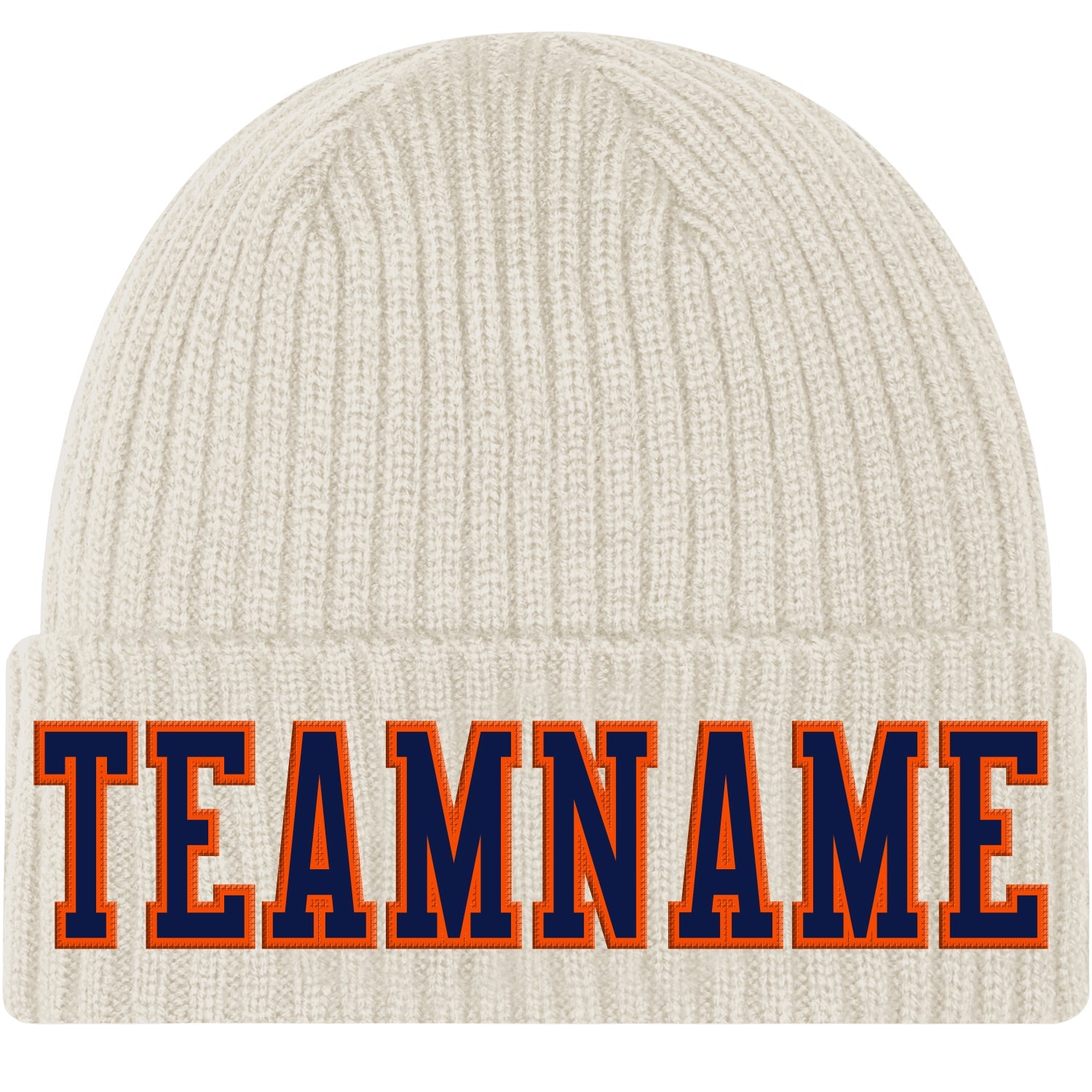 Custom Cream Navy-Orange Stitched Cuffed Knit Hat - Main View