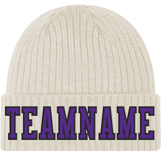 Custom Cream Purple-Black Stitched Cuffed Knit Hat - Main View