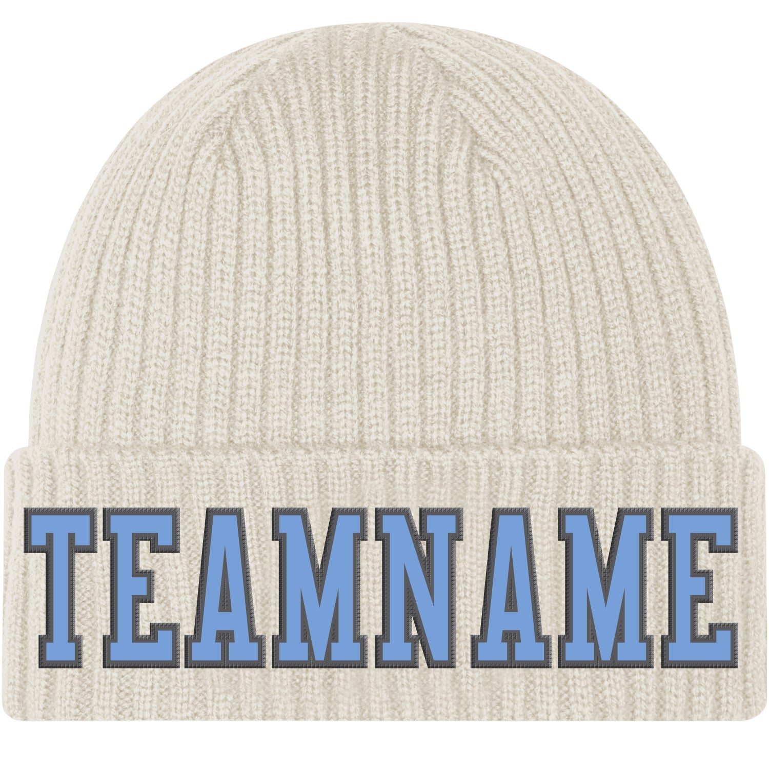 Custom Cream Light Blue-Steel Gray Stitched Cuffed Knit Hat - Main View