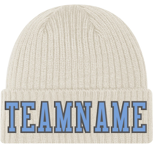 Custom Cream Light Blue-Steel Gray Stitched Cuffed Knit Hat - Main View
