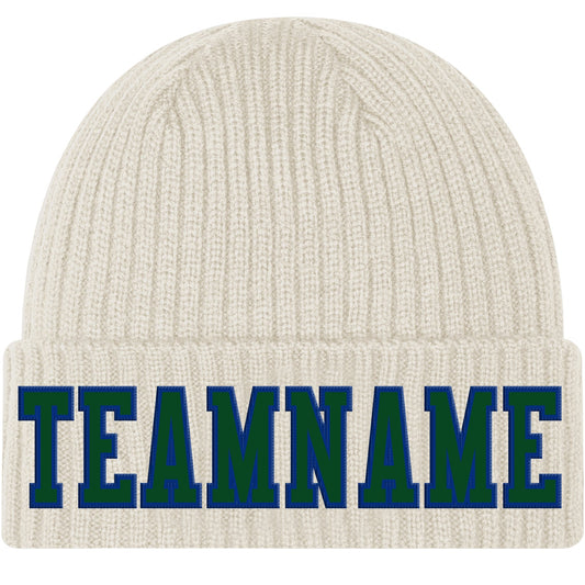 Custom Cream Green-Royal Stitched Cuffed Knit Hat - Main View