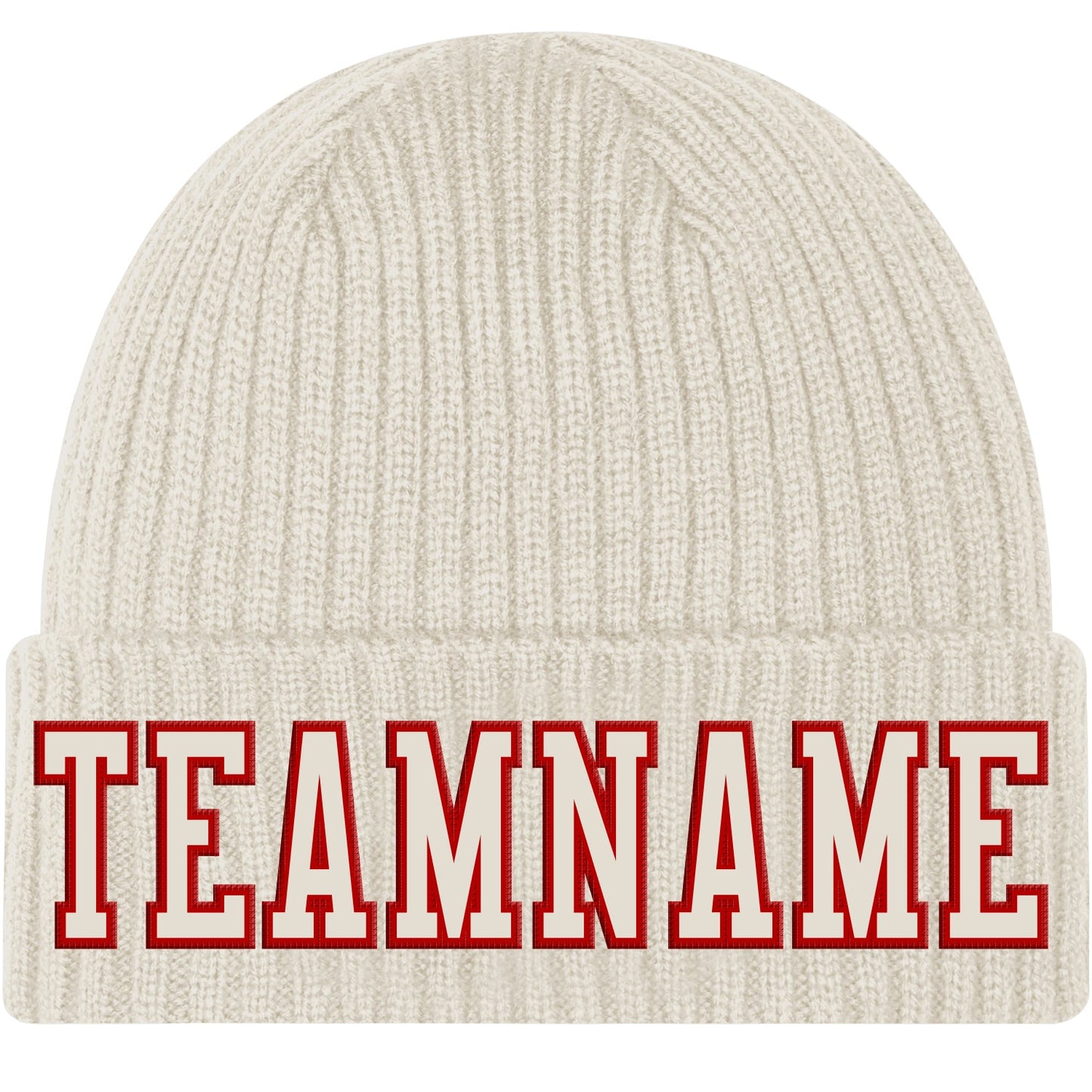 Custom Cream Cream-Red Stitched Cuffed Knit Hat - Main View