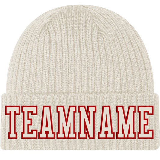 Custom Cream Cream-Red Stitched Cuffed Knit Hat - Main View