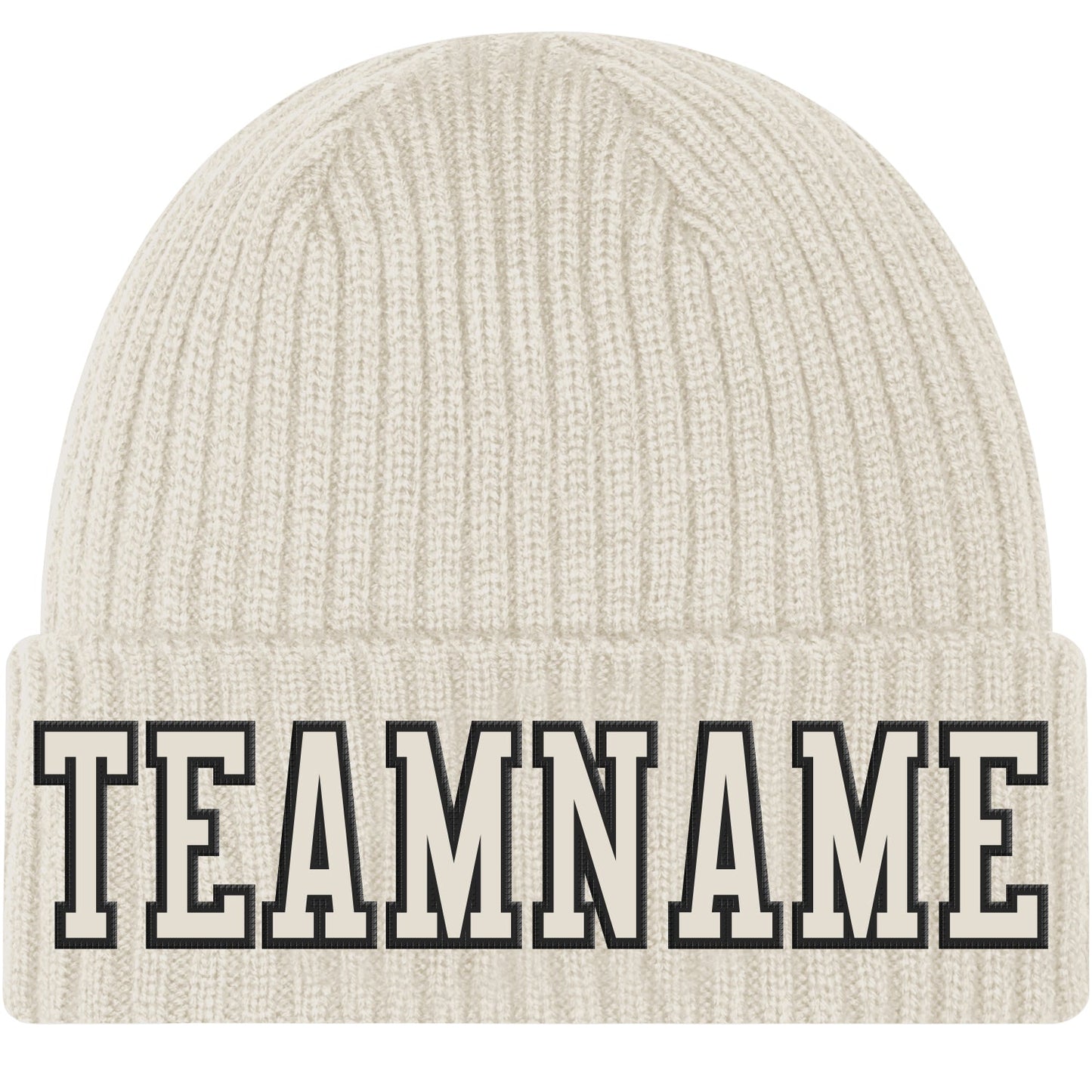 Custom Cream Cream-Black Stitched Cuffed Knit Hat - Main View