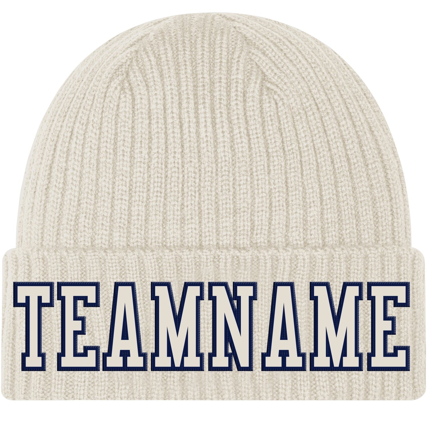 Custom Cream Cream-Navy Stitched Cuffed Knit Hat - Main View