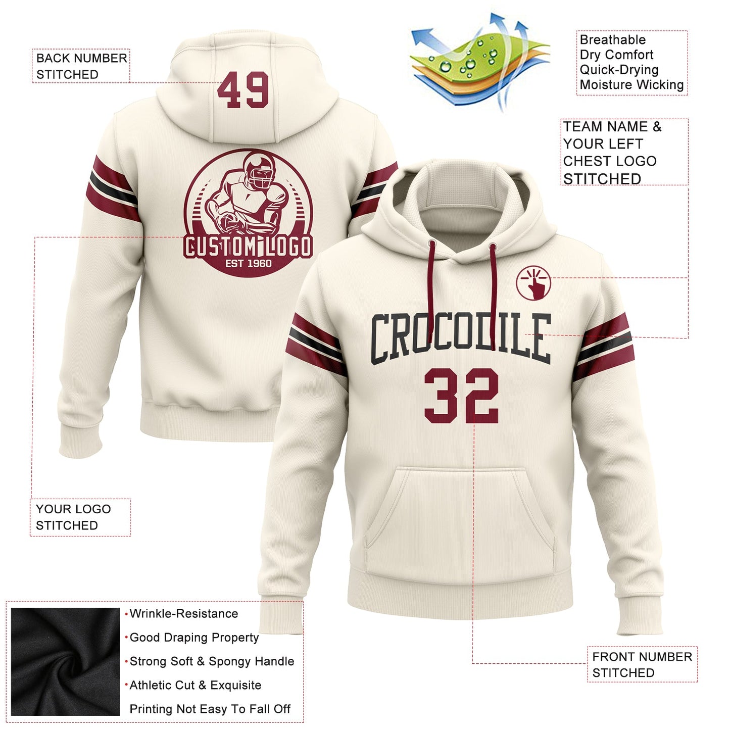 Custom Stitched Cream Crimson-Black Football Pullover Sweatshirt Hoodie view 2