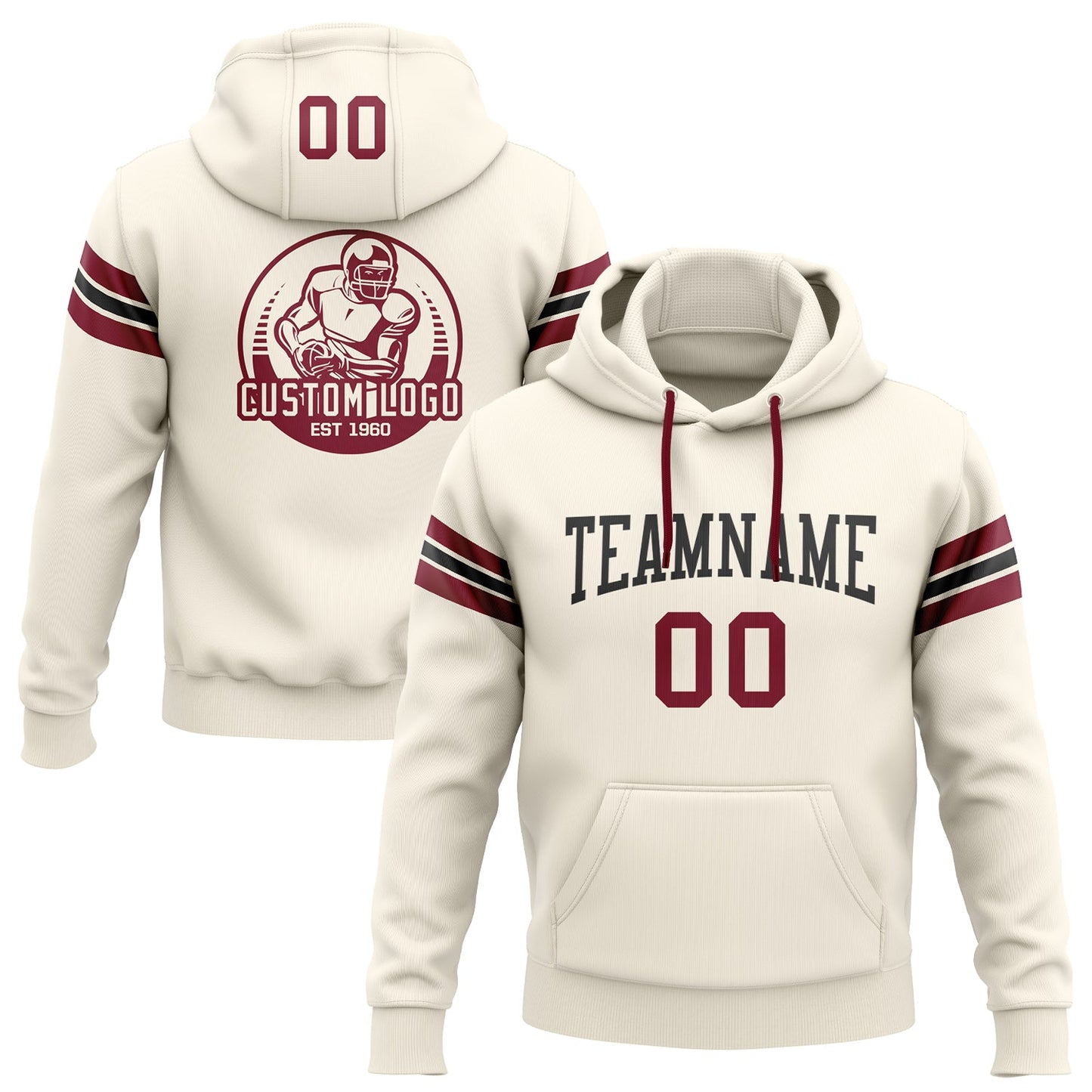 Custom Stitched Cream Crimson-Black Football Pullover Sweatshirt Hoodie - Main View