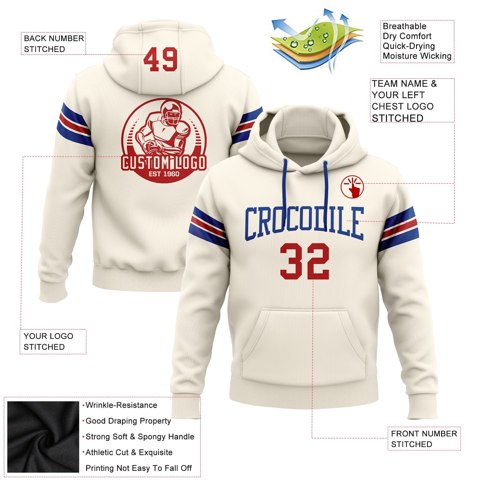 Custom Stitched Cream Red-Royal Football Pullover Sweatshirt Hoodie view 2