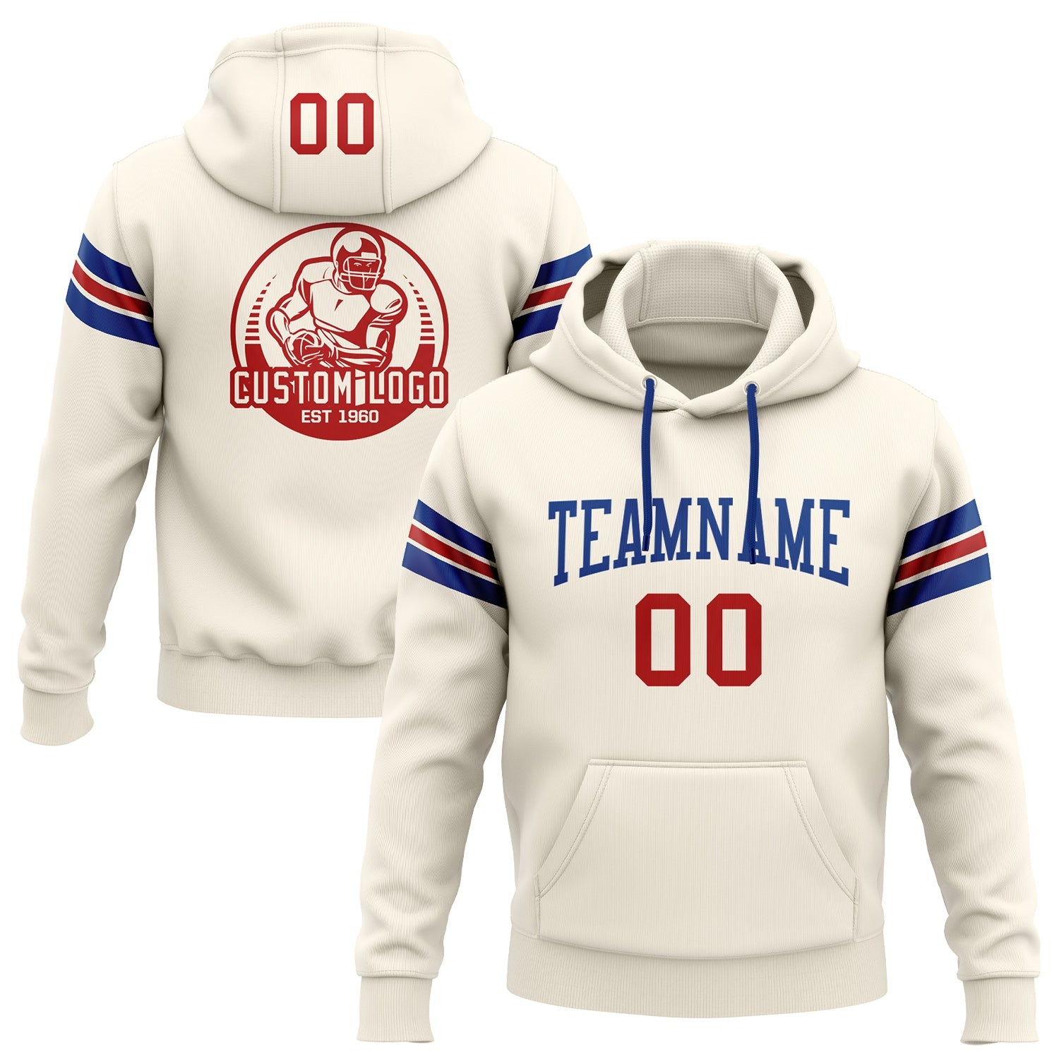 Custom Stitched Cream Red-Royal Football Pullover Sweatshirt Hoodie - Main View