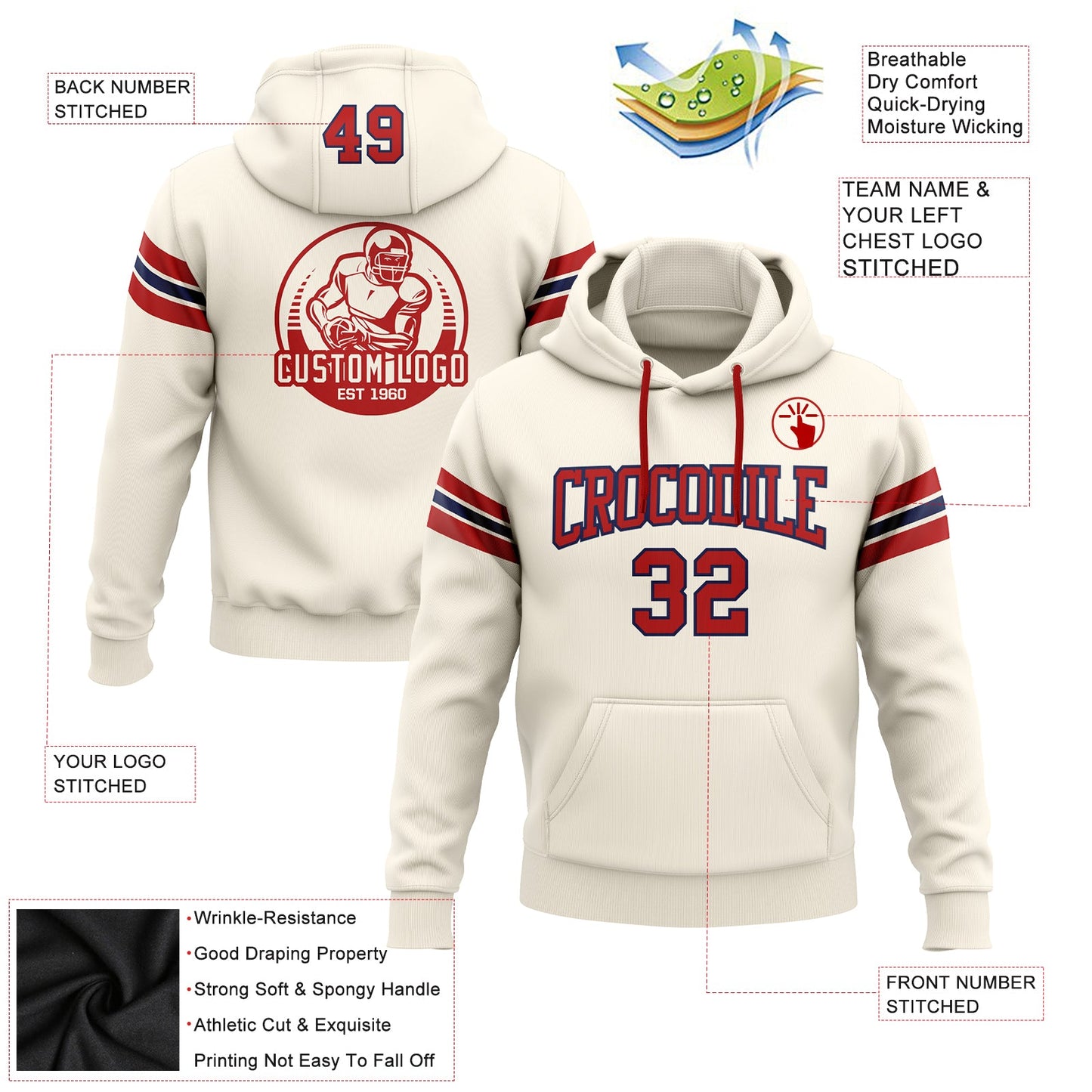 Custom Stitched Cream Red-Navy Football Pullover Sweatshirt Hoodie view 2
