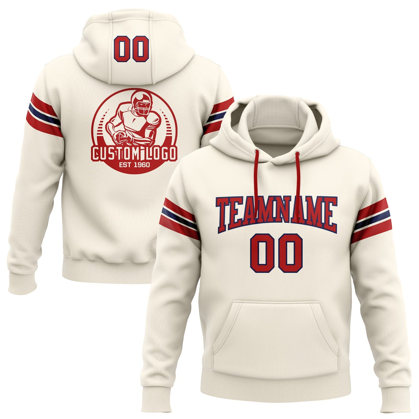 Custom Stitched Cream Red-Navy Football Pullover Sweatshirt Hoodie - Main View