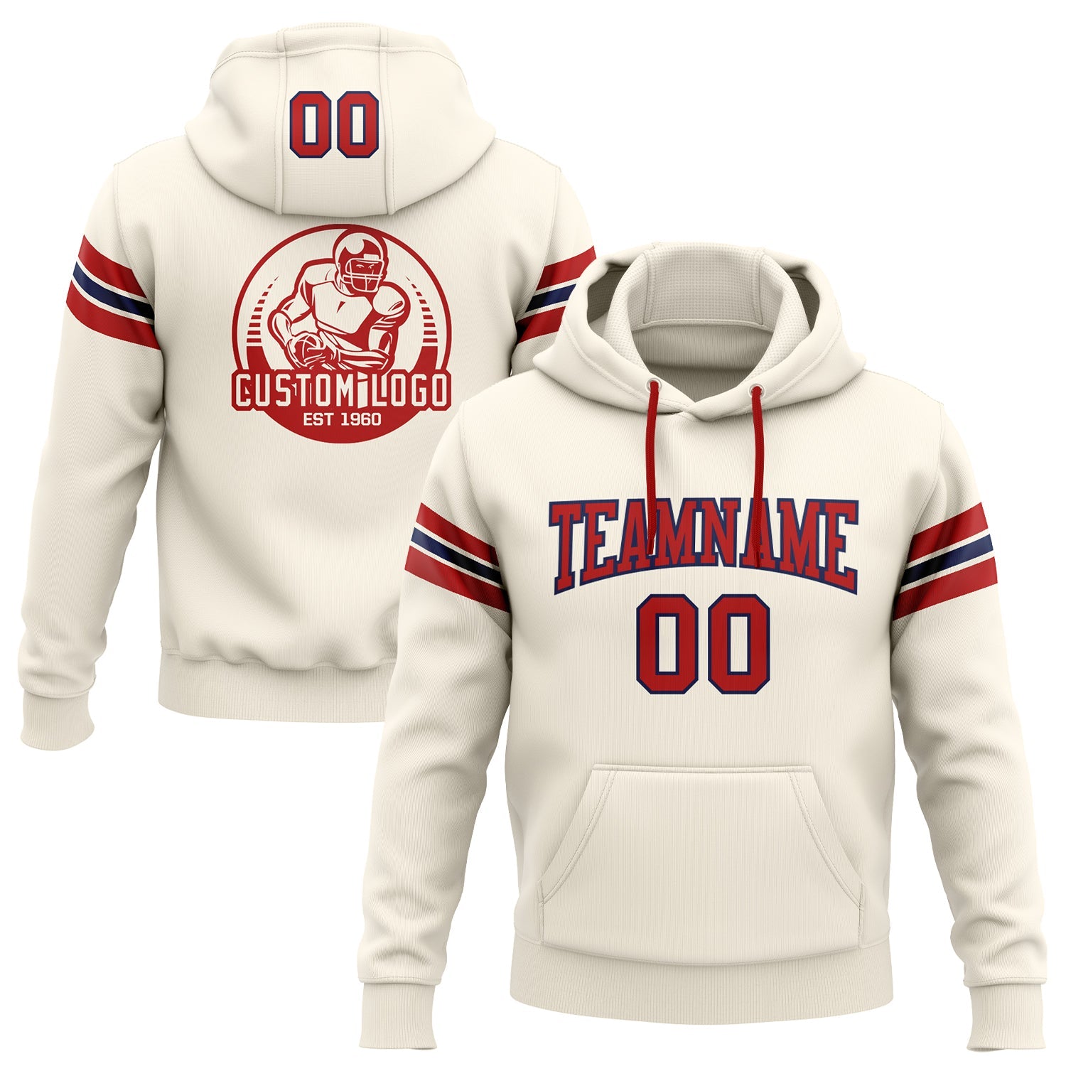 Custom Stitched Cream Red-Navy Football Pullover Sweatshirt Hoodie - Main View