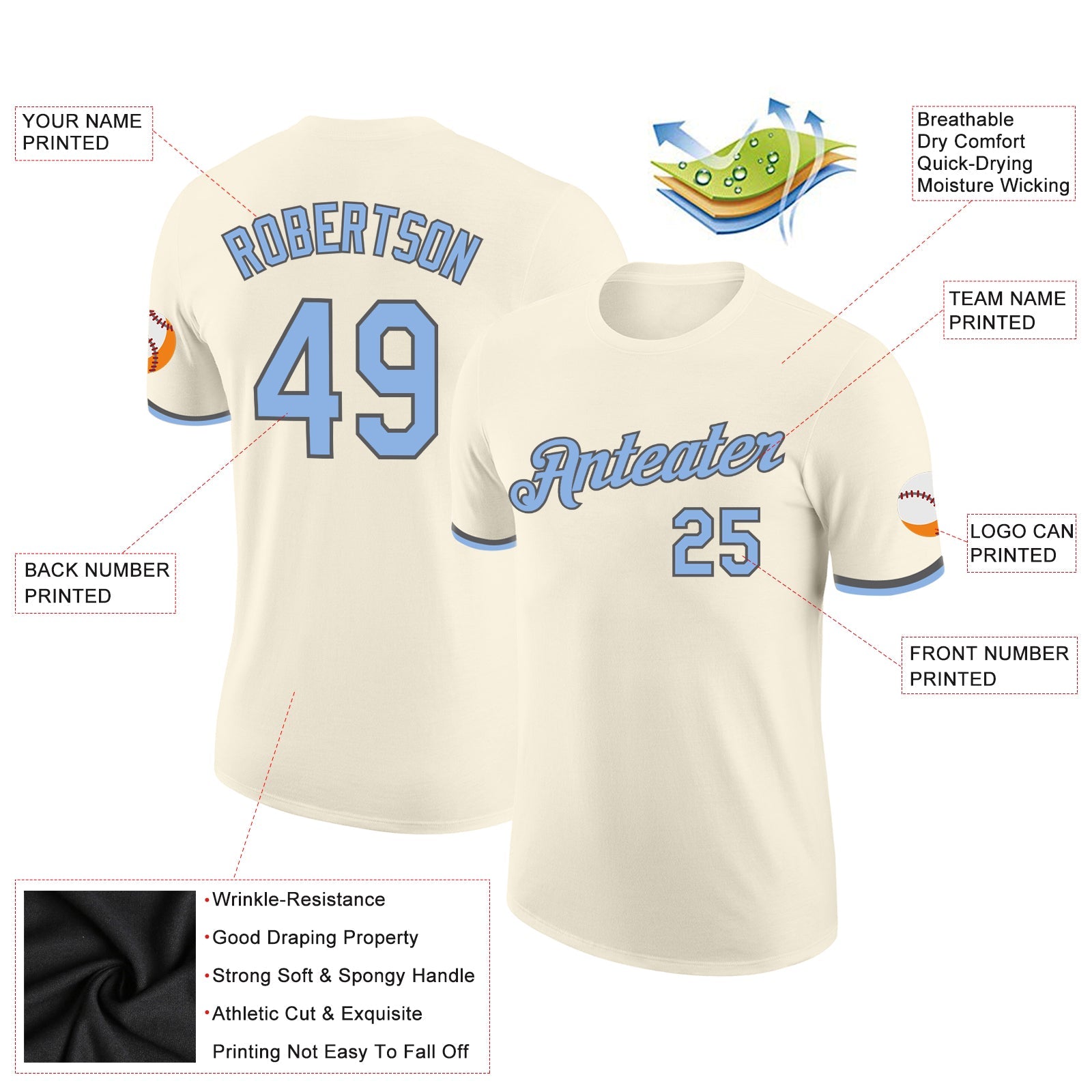 Custom Cream Light Blue-Steel Gray Performance T-Shirt view 2