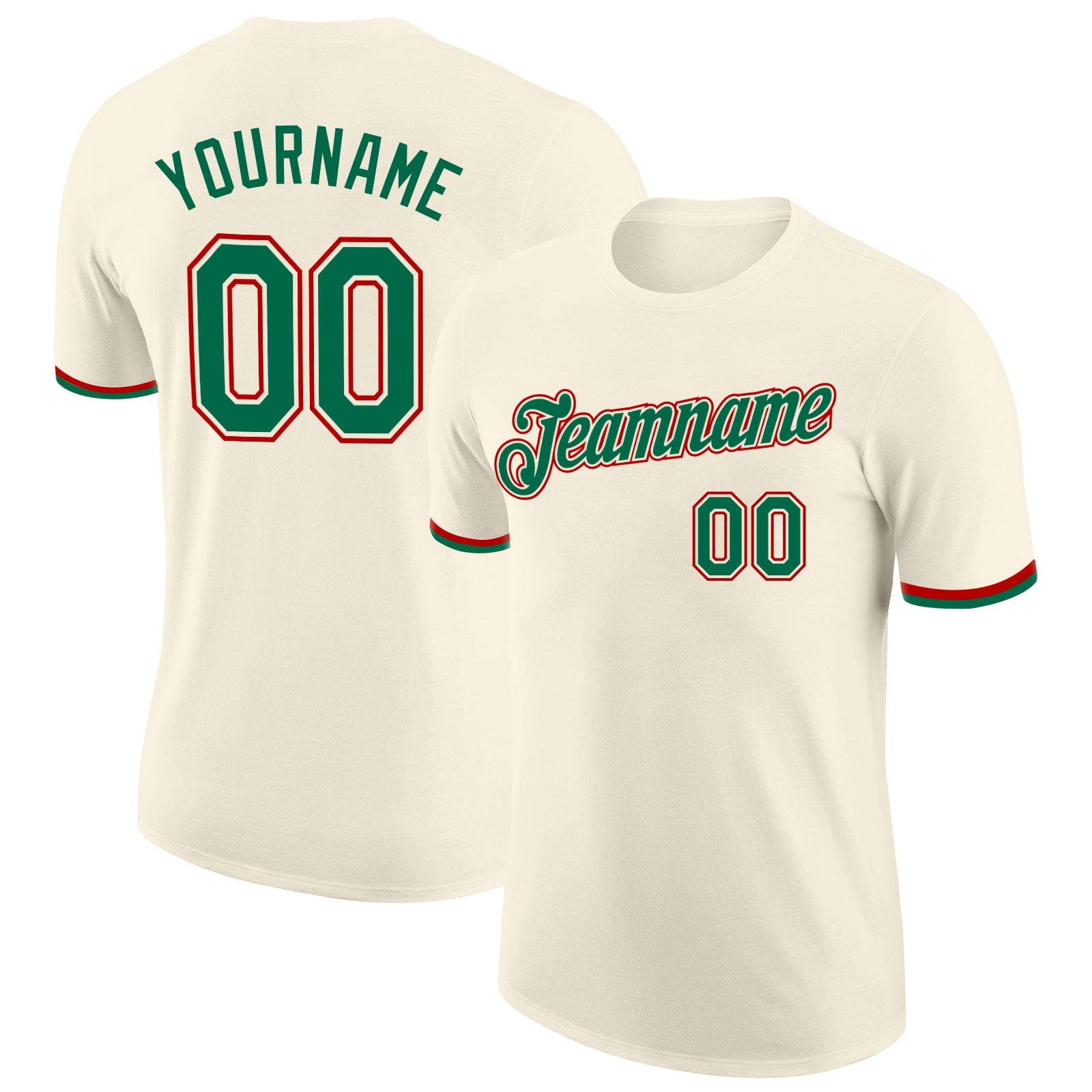 Custom Cream Kelly Green-Red Performance T-Shirt - Main View