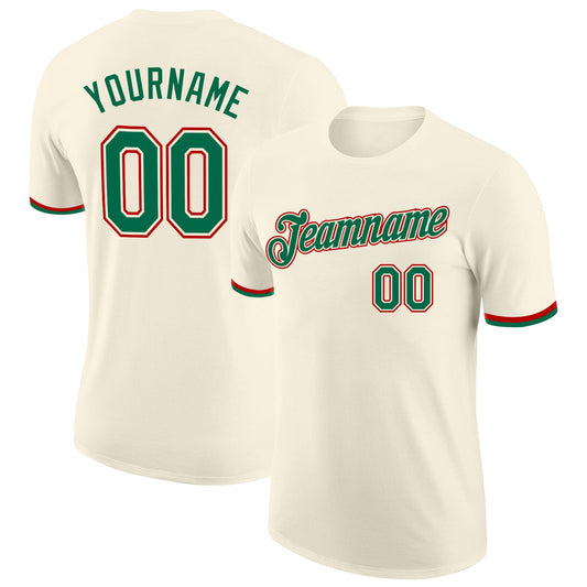 Custom Cream Kelly Green-Red Performance T-Shirt - Main View
