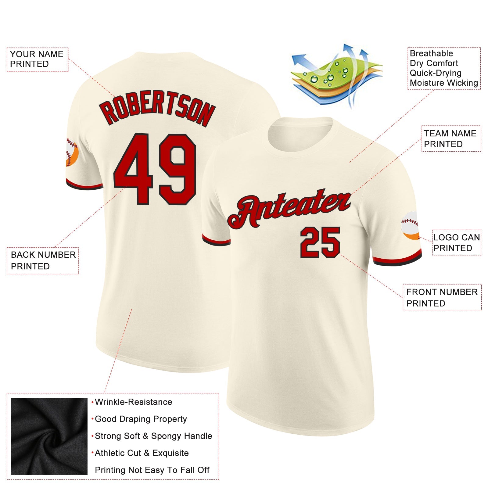Custom Cream Red-Black Performance T-Shirt view 2