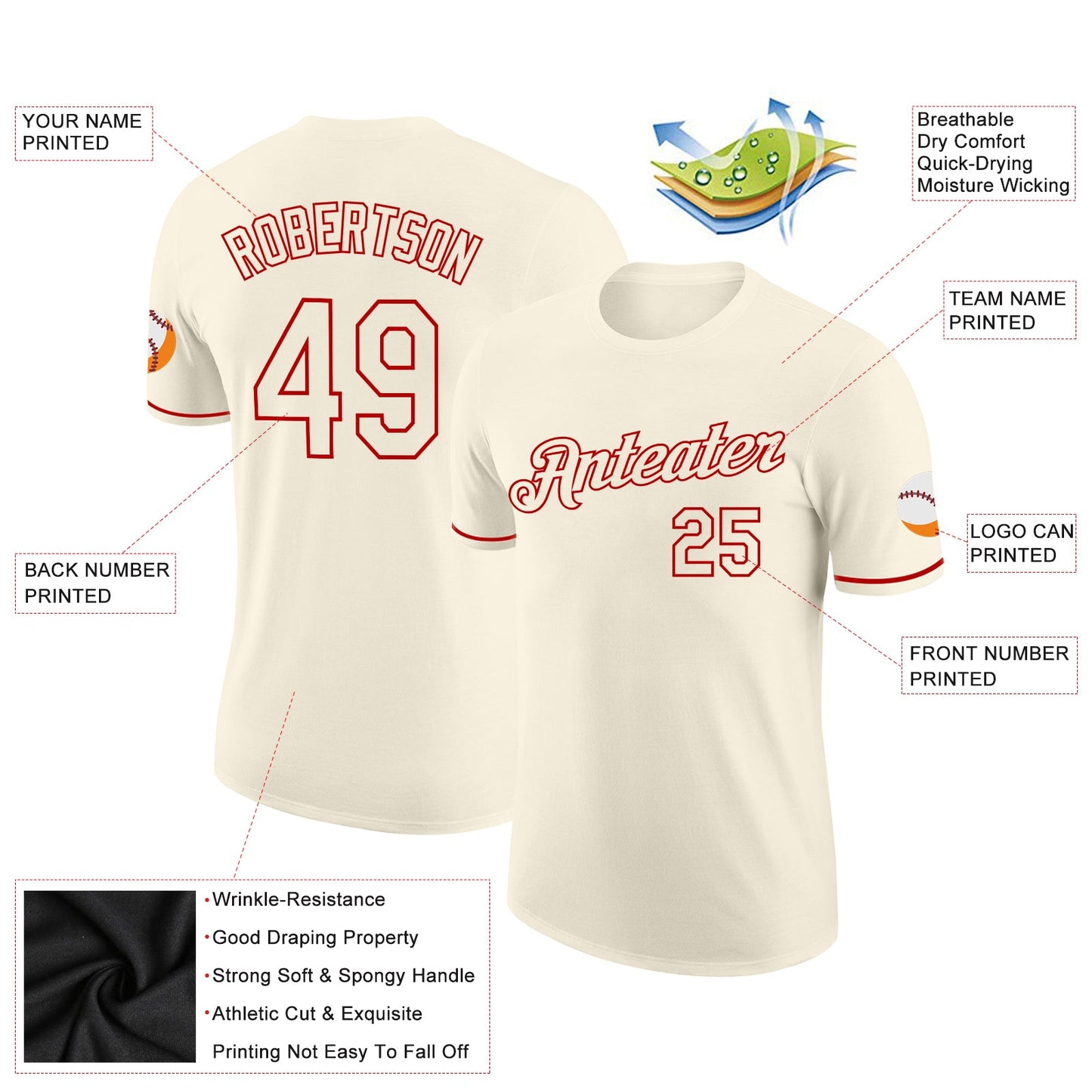 Custom Cream Cream-Red Performance T-Shirt view 2
