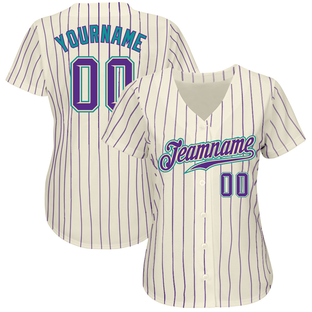 Custom Cream Purple Pinstripe Purple-Teal Authentic Baseball Jersey view 2