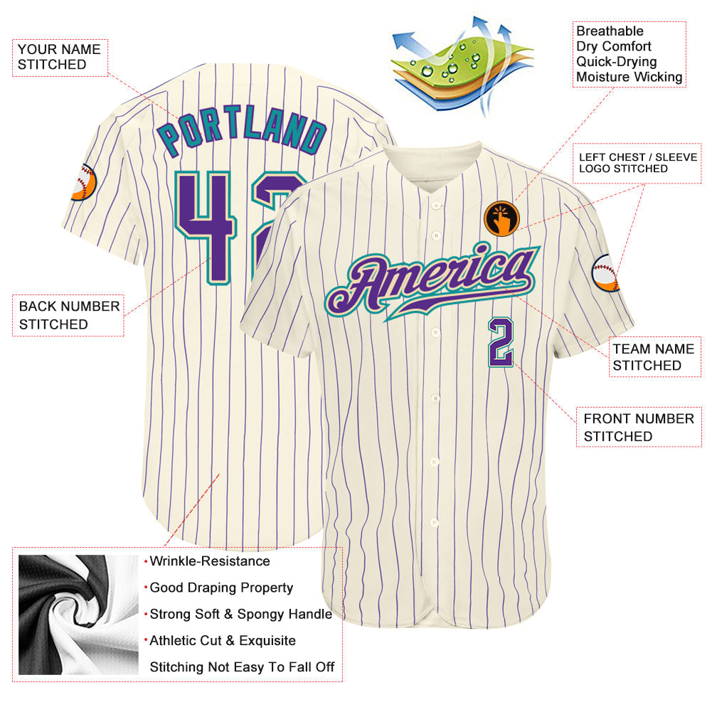 Custom Cream Purple Pinstripe Purple-Teal Authentic Baseball Jersey view 3