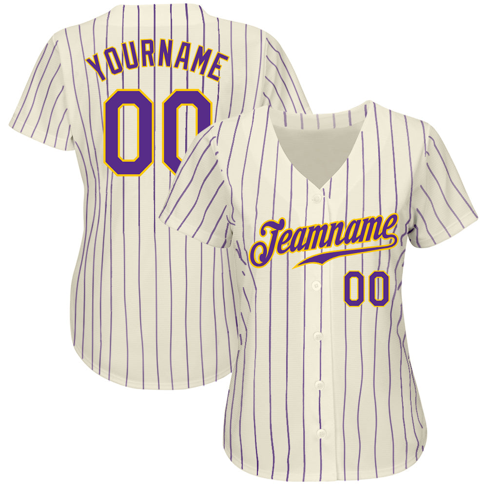 Custom Cream Purple Pinstripe Purple-Gold Authentic Baseball Jersey view 2