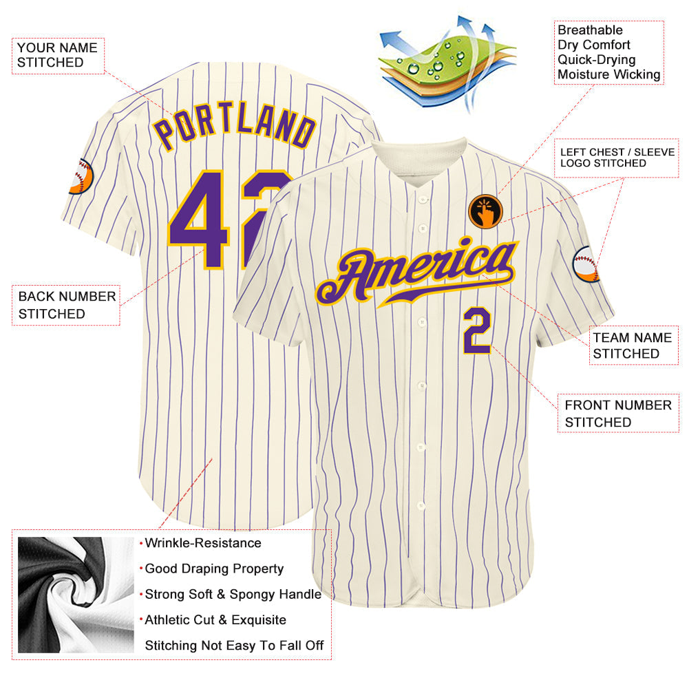 Custom Cream Purple Pinstripe Purple-Gold Authentic Baseball Jersey view 3