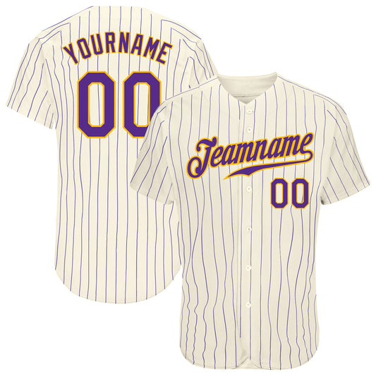 Custom Cream Purple Pinstripe Purple-Gold Authentic Baseball Jersey - Main View