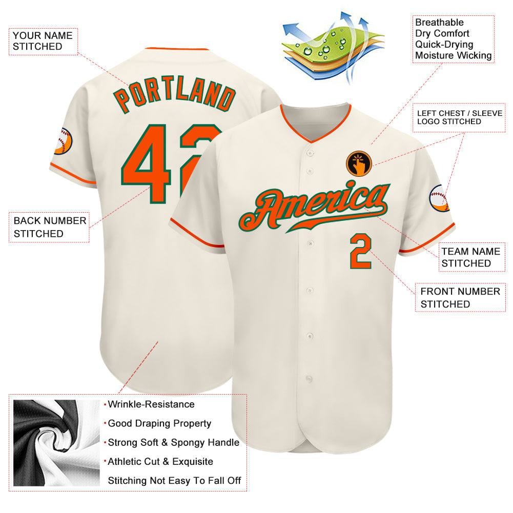 Custom Cream Orange-Kelly Green Authentic Baseball Jersey view 3