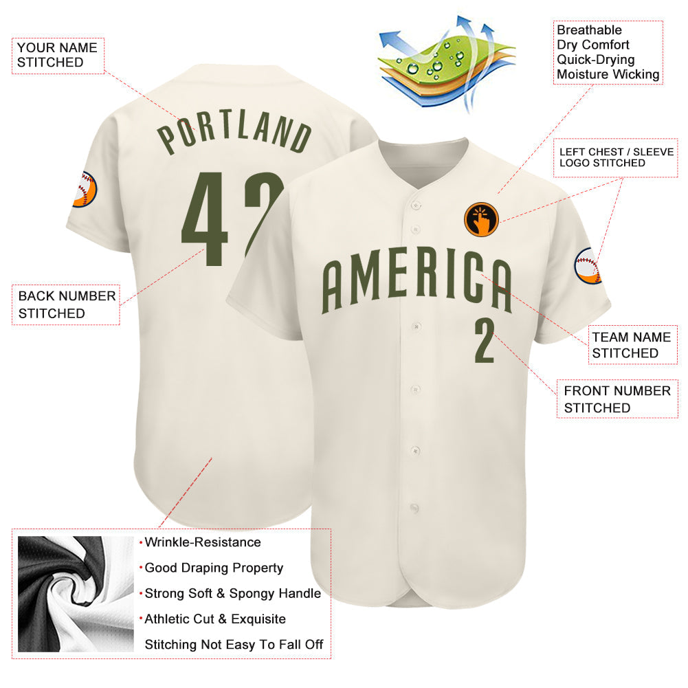 Custom Cream Olive Authentic Baseball Jersey view 3