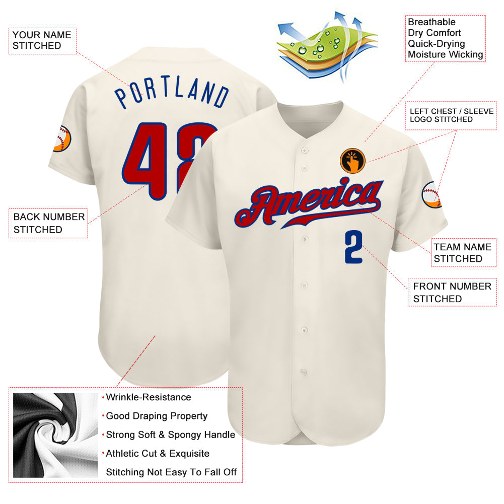 Custom Cream Red-Royal Authentic Baseball Jersey view 3