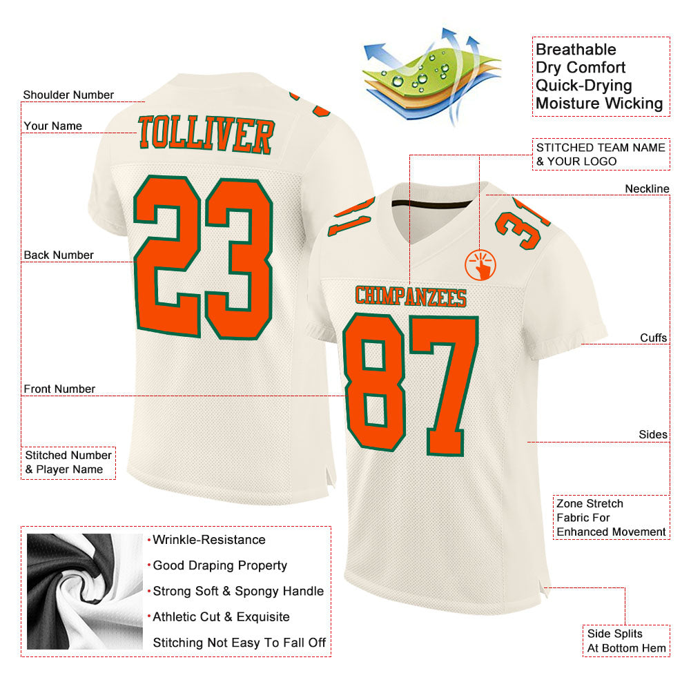 Custom Cream Orange-Kelly Green Mesh Authentic Football Jersey view 2