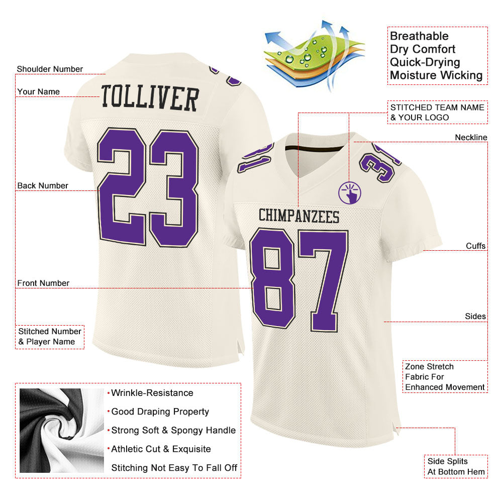 Custom Cream Purple-Black Mesh Authentic Football Jersey view 2