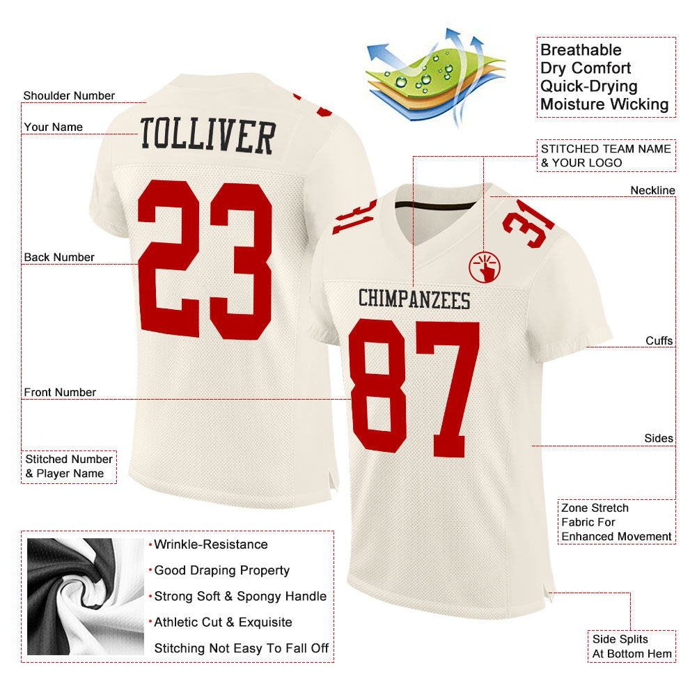 Custom Cream Red Mesh Authentic Football Jersey view 2