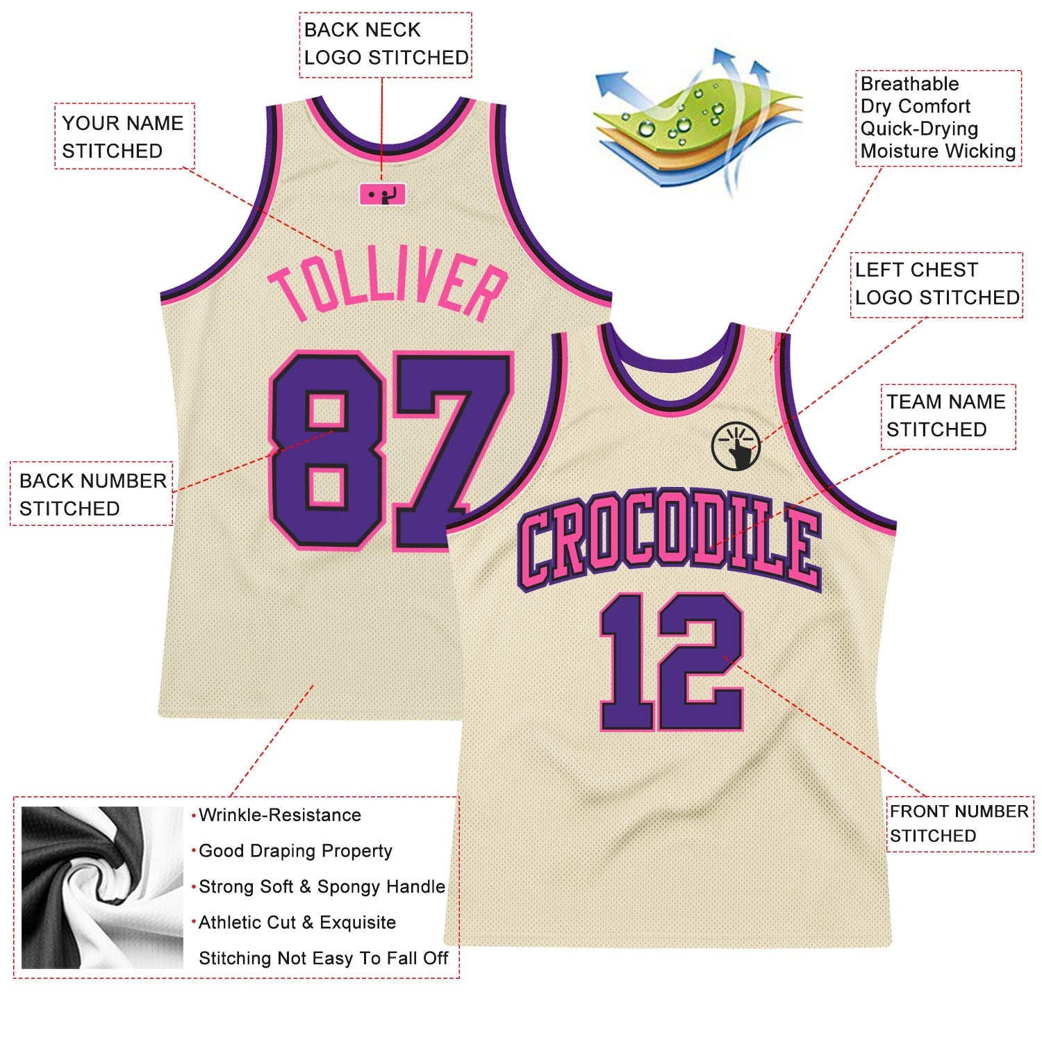 Custom Cream Purple Black-Pink Authentic Throwback Basketball Jersey view 2